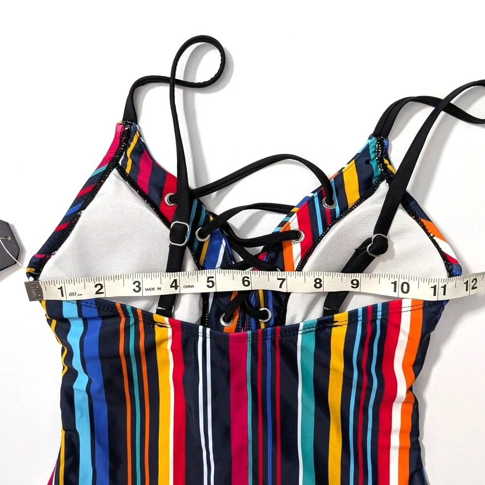 Nautica Womens Slimming Lace Up One Piece Swimsuit Multicolor‎ Stripe Small NWT